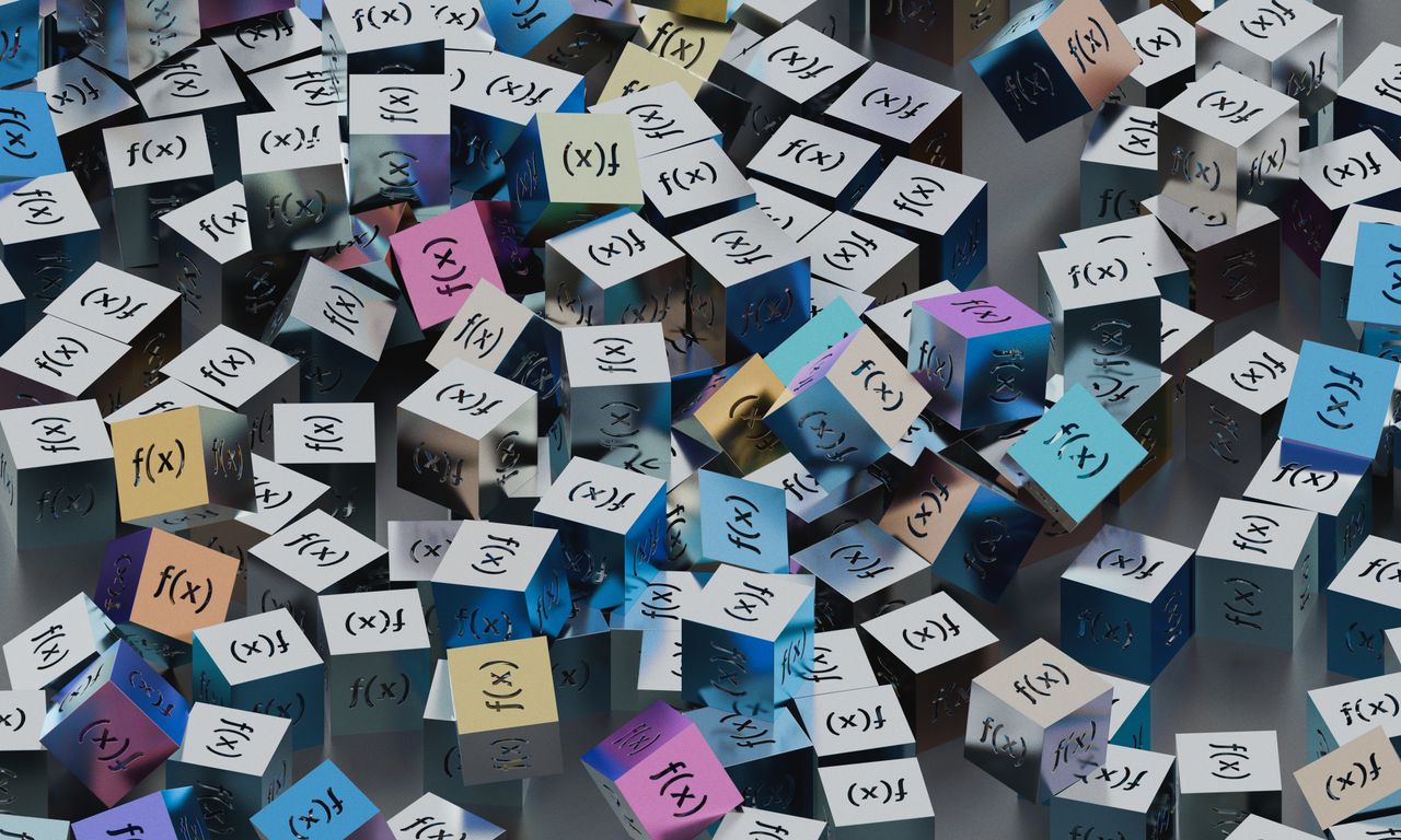 Services A vibrant collection of cubes with f(x) functions creates a visual mathematical pattern.